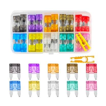 120PCS Car Fuses Assortment Kit, 2 3 5 7.5 10 15 20 25 30 35 A Mini Blade Vehicle Fuse Kit ith Puller Tool, Portable Automotive Accessories, Universal for Trucks SUVs RVs