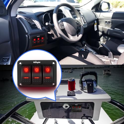 Nilight - 90019C 3 Gang Aluminum Rocker Switch Panel Toggle Dash 5 Pin ON/Off Pre-Wired Rocker Switch Red Backlit Switch for Automotive Car Marine Boat RV,2 Years Warranty - color: Red, size: 3 Gang