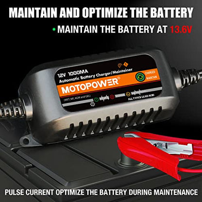 MOTOPOWER MP00205B 12V 1000mA Automatic Battery Charger, Battery Maintainer, Trickle Charger, and Battery Desulfator with Timer Protection - Black Edition - color: b) - Black