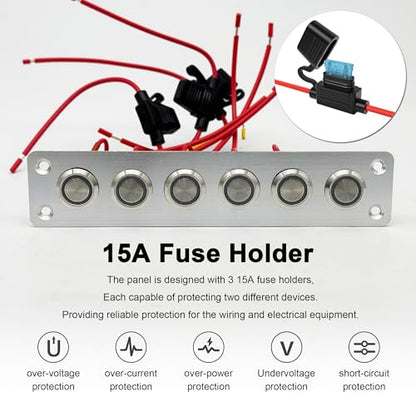 6 Gang Push Button Switch Panel Antioxidant Aluminum DC 12V Pre-Wired with LED Indicator Light IP65 Waterproof Panel for Marine Car RV Truck Yacht (Red LED) - color: 6Gang Red LED