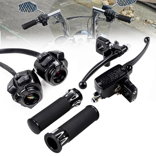 Left Clutch Lever & Right Hydraulic Brake Master Cylinder + Pair 1" Handlebar ON/Off Control Switches + 2PCS Rubber Hand Grips for 1996-2012 Harley Softail Dyna Sportster V-Rod