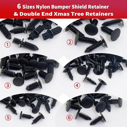 170PCS Universal Auto Body Shield Retainer Fastener Clip Assortment - Christmas Tree Style & Double End Xmas Tree Retainers, Car Truck Vehicle Fender Bumper Shield Door Panel Push Pins Rivets - size: 170 Pcs