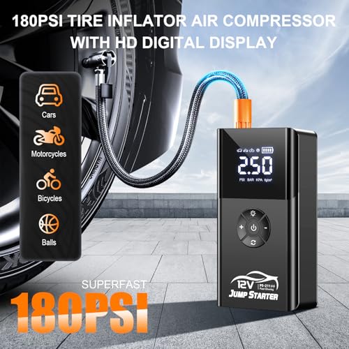 Jump Starter with Air Compressor, 8000A 180PSI, Portable Car Battery Jump Starter (All Gas/12L Diesel) 12V Automobile Jump Box Pack Chargers with Jumper Cables, 4-Mode LED Lights - color: black