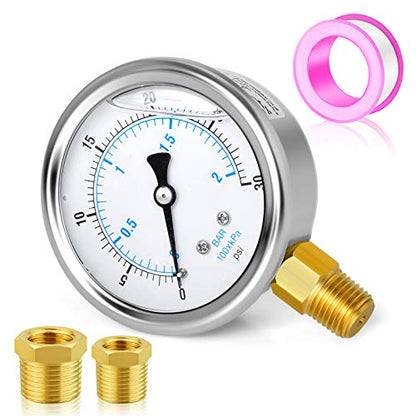 MEANLIN MEASURE 0~30Psi Stainless Steel 1/4" NPT 2.5" FACE DIAL Liquid Filled Pressure Gauge WOG Water Oil Air Lower Mount, with 1/2" NPT and 3/8" NPT Hex Bushing - size: 0-30Psi