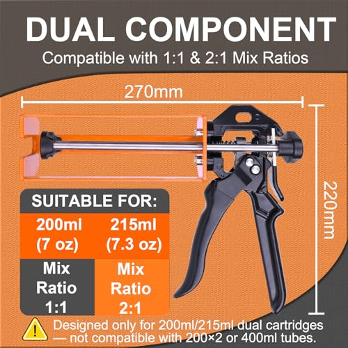 Epoxy Gun Dual Component 200ml – Manual 1:1 & 2:1 Ratio Adhesive Applicator for Epoxy, Urethane, Acrylic,High-Thrust 2-Part Adhesive Gun for Panel Bonding, Structural & Plastic Repair,Orange - size: 200 ml/215 ml (1:1, 2:1)