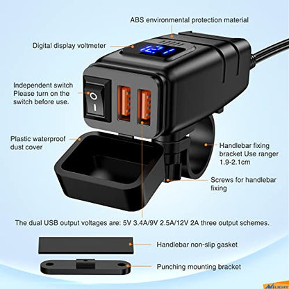 Nilight Motorcycle Charger with 12V Voltmeter Independent On Off Switch SAE USB Adapter Inline 10A Fuse Waterproof 6.8A Dual QC3.0 Fast Charging Phone Tablet for 7/8inch Handlebar ATV - color: USB Charger Motorcycle