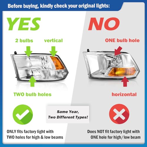 Halogen Headlights for 2009-2018 Dodge Ram 1500 - color: Clear Lens I Chrome Housing I Amber Reflector