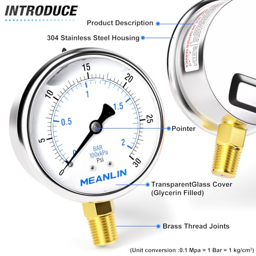 MEANLIN MEASURE 0~30Psi Stainless Steel 1/4" NPT 2.5" FACE DIAL,Liquid Filled Pressure Gauge,WOG Water Oil Air Lower Mount (Pack of 2), with 1/2" NPT and 3/8" NPT Hex Bushing - size: 0-30Psi (2Pcs)
