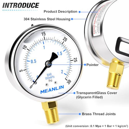 MEANLIN MEASURE 0~30Psi Stainless Steel 1/4" NPT 2.5" FACE DIAL,Liquid Filled Pressure Gauge,WOG Water Oil Air Lower Mount (Pack of 2), with 1/2" NPT and 3/8" NPT Hex Bushing - size: 0-30Psi (2Pcs)