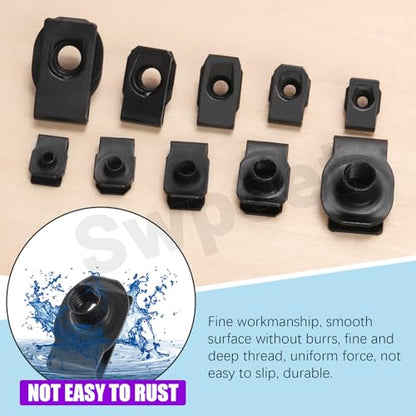 Swpeet 50Pcs M4 M5 M6 M8 M10 Carbon Steel Auto Car U-Clip Assortment Kit, U-Shaped Nut U Nut, Metal Trim Panel Spring Clip Fasteners for Dash Door Panel Interior Compatible with Most Auto (Black) - size: N4