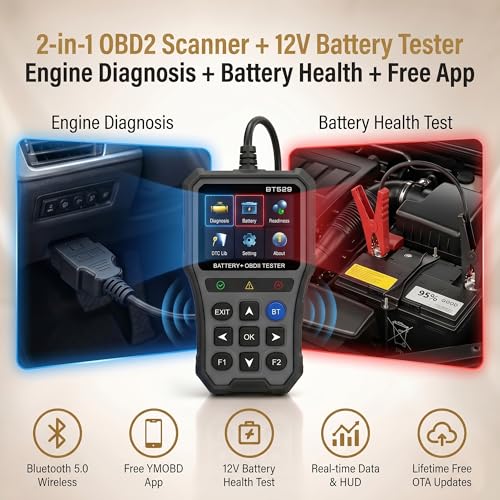 NOVEINN Bluetooth OBD2 Scanner, 2-in-1 Check Engine Code Reader & 12V Car Battery Tester, Diagnostic Scan Tool with EVAP Test, Performance & Trip Analysis, for 1996+ Cars & Trucks