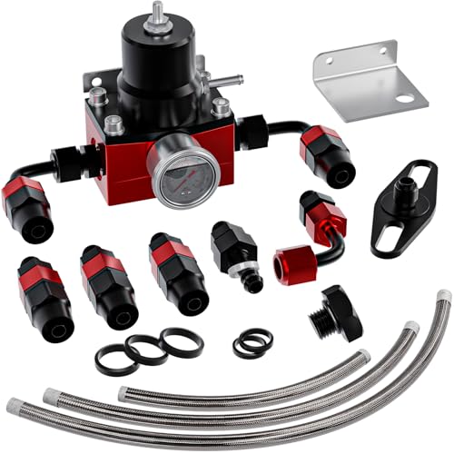 EFI Fuel Pressure Regulator Kit with Bypass Return 0-100psi Pressure Gauge 6AN Fuel Line Hose Fitting Adjustable Universal(Red) - color: Red