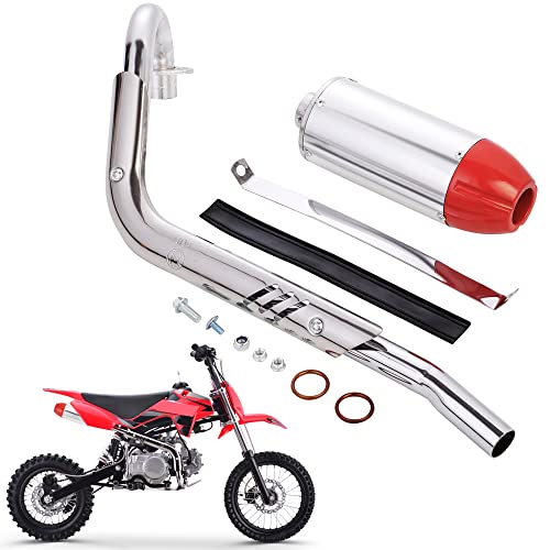 28mm High Performance Exhaust Muffler Silencer Pipe Assembly kit 90cc 110cc 125cc Dirt Pit Bike CRF50 SSR Baja Coolster Piranha Pister Pro Taotao 125cc TTR Taotao DB10 DB14 BMS pro 70 - color: Red+Silver
