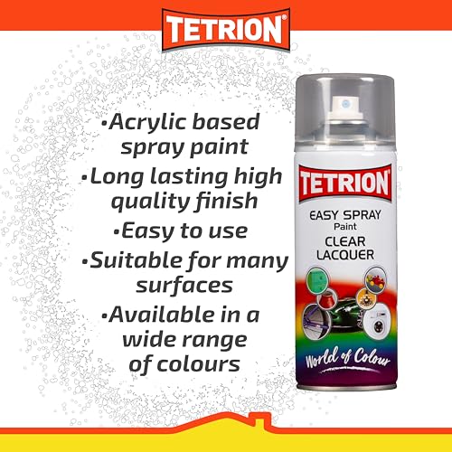 Tetrion Easy Spray Paint - Clear Lacquer 400ml (Pack of 6) - Acrylic Clear Coat Spray for Wood, Metal, Plastic, Ceramic & More - Easy to Use, Durable Finish,Indoor & Outdoor Use, 13.5 Oz - color: Clear Lacquer, size: 13.53 Ounce (Pack of 6)