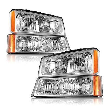 WEELMOTO Headlights for 03-07 Chevy Silverado1500/2500/3500/1500HD/2500HD - color: Clear Lens l Chrome Housing l Amber Reflector