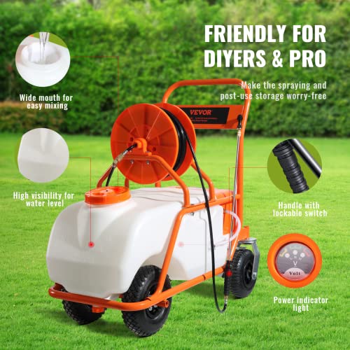 VEVOR Battery Powered 15 Gallon Garden Weed Sprayer with Wheeled Cart, 126FT Hose with Reel, 8 Nozzles, 2 Wands with Lock Trigger, 0-90PSI, 5-6h Spray Time, Wide Mouth Lid, Rotating Wheels with Brake - size: 15 Gal-Custom Bulit Cart