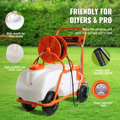 VEVOR Battery Powered 15 Gallon Garden Weed Sprayer with Wheeled Cart, 126FT Hose with Reel, 8 Nozzles, 2 Wands with Lock Trigger, 0-90PSI, 5-6h Spray Time, Wide Mouth Lid, Rotating Wheels with Brake - size: 15 Gal-Custom Bulit Cart