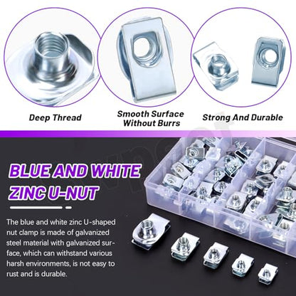 Swpeet 50Pcs M4 M5 M6 M8 M10 Carbon Steel Auto Car U-Clip Assortment Kit, U-Shaped Nut U Nut, Metal Trim Panel Spring Clip Fasteners for Dash Door Panel Interior Compatible with Most Auto (Blue-White) - size: N5