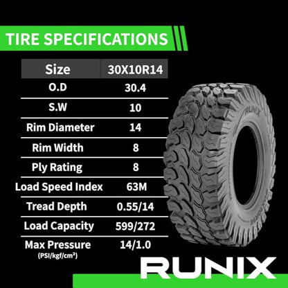 RUNIX UTV SxS Radial Tires, RUNIX PeakCrawler, 30X10R14, 30X10-14, 8PR, Radial Tire, Set of 4, All Terrain, Tubeless - size: 30X10R14
