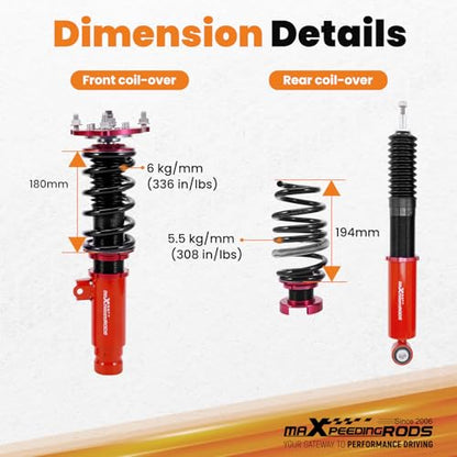 maXpeedingrods Coilovers for Honda Civic Hatchback 2016-2021 52mm clamp diameter only, Height Adjustable Coilovers Suspension Kit, Preset Damping Lowering Kit Red