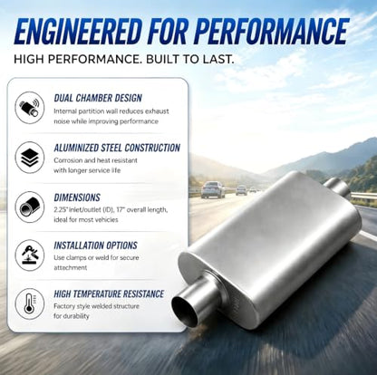 Universal 2.25" ID Center/Center Dual Chamber Muffler - Aggressive Deep Sound, Silver Aluminized Steel, Welded/Clamp-On (17" Total Length) - color: Silver, size: 2.25 Inch