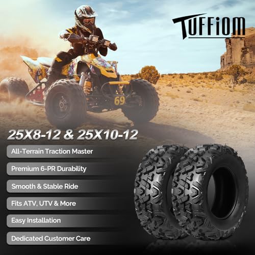TUFFIOM Set of 4 ATV/UTV All-terrain Tires 25x8-12 Front 25x10-12 Rear, 6 PR, Tubeless - size: 25x8-12 & 25x10-12