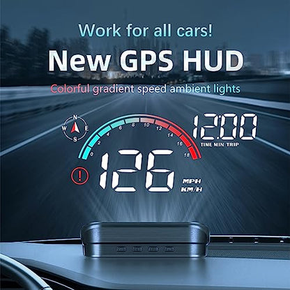 Dyno Racing New GPS Hud Digital Display Gauge Windshield Speedometer Projector Speed,Mileage,Compass,Speed Progress bar, Overspeed Alarm Heads Up Display USB Power