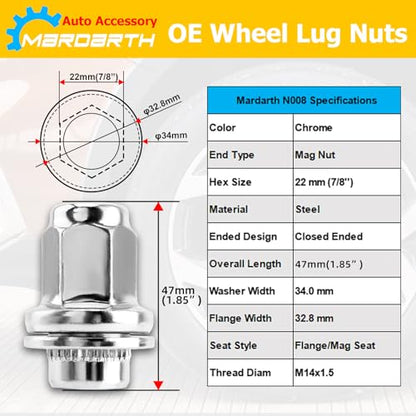 14x1.5mm OEM Style Factory 1.85 Inch 7/8 22mm Hex Mag Washer Lug Nuts,20PCS - color: Chrome, size: M14x1.5