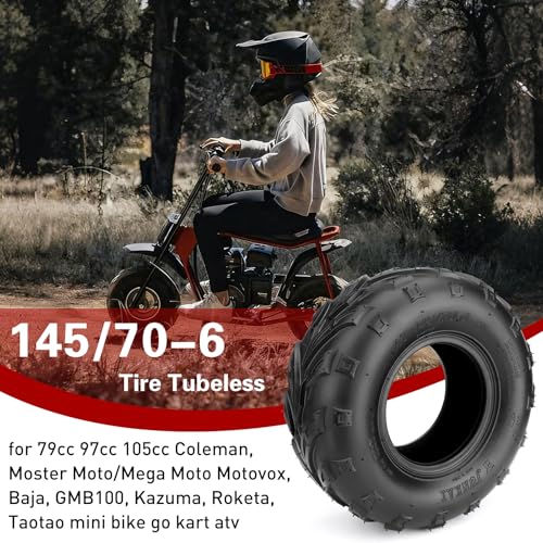 145/70-6 Mini Bike Tires, 145x70x6 Tubeless ATV Go Kart Street Tires Replacement for Coleman CC100X CT100U KT196 FRP GMB100 Baja Doodle Bug DB30 Motovox RT100 (1pcs) - size: 1 Pack