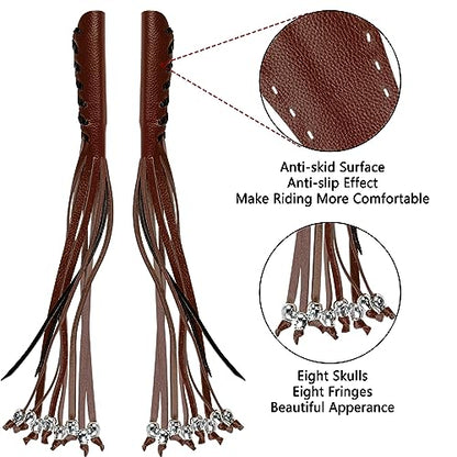 2 PCS Faux Leather Motorcycle Lever Covers With Fringes and Skulls - Brake Clutch Grip Tassels Handlebar Handle Wraps - color: Brown & Black Laces*1 & Brown Laces*1