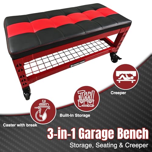 3-in-1 Rolling Garage Bench Seat with Creeper Pad,Storage (Red)