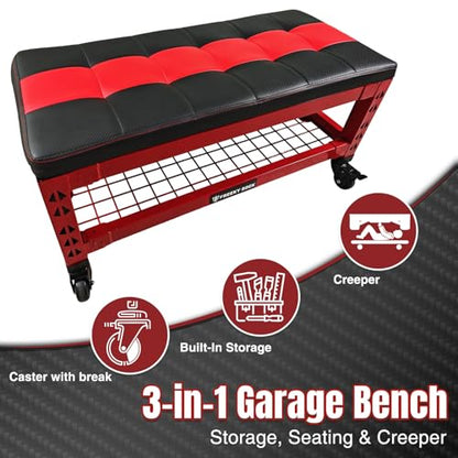 3-in-1 Rolling Garage Bench Seat with Creeper Pad,Storage (Red)