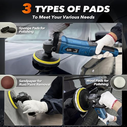 Buffer Polisher, 6 Inch/7 Inch 1600W Rotary Car Buffer Polisher Waxer, 7 Variable Speed 1000-3500 RPM, Detachable Handle for Waxing, Polishing & Scratch Removal - color: Blue