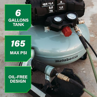 Metabo HPT Pancake Air Compressor, 6-Gallon 165PSI, Portable Air Compressor with 1.0 HP Oil-Free High Efficiency Motor, Lihghtweight, Quick Couplers for Fast Tool Changes, EC711S - style: 6-Gallon Pancake, 165 PSI