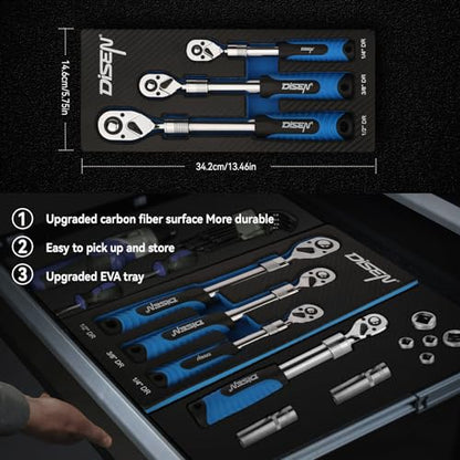 DISEN 3PCS Extendable Ratchet Wrench Set,1/4" 3/8" 1/2" Drive 72-Tooth, Quick-Release, Reversible Drive Socket Wrenches,Soft Grip Handle with Storage Tray - color: Extendable Ratchet Set