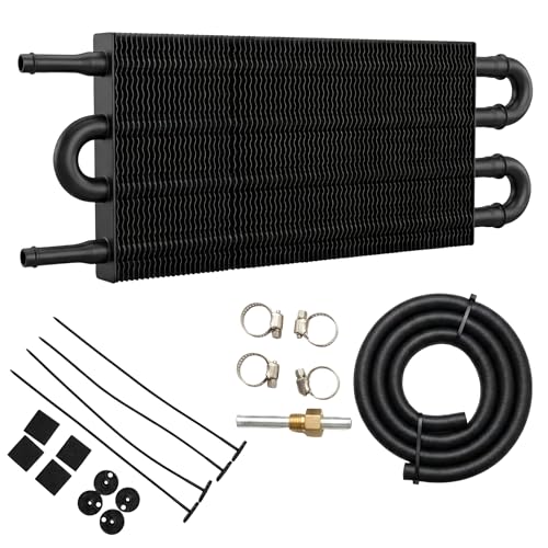 Universal 4 Row 4 Pass Aluminum Transmission Oil Cooler Kit 16"(40cm) x 5"(13cm) Tube & Fin Engine Cooler with 5/16" Hose Black/Silver For Racing Cars (Black) - color: Black
