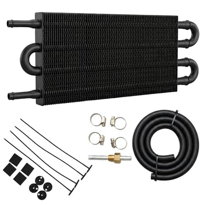 Universal 4 Row 4 Pass Aluminum Transmission Oil Cooler Kit 16"(40cm) x 5"(13cm) Tube & Fin Engine Cooler with 5/16" Hose Black/Silver For Racing Cars (Black) - color: Black