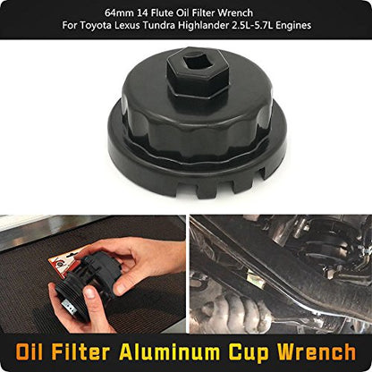 Aluminum Cup Wrench for Removing Toyota Oil Filter Caps, 64mm Flute, Fits 2.5L to 5.7L Engines, Black