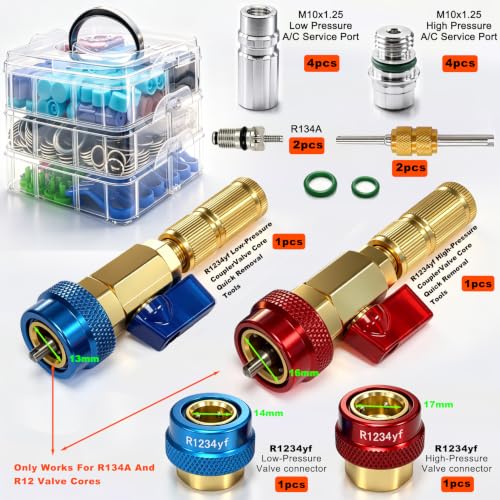 Taiss 7 Set Car A/C Repair Kits,R134A Valve Core Remover Installer Tool+A/C Valve Core +O-Ring Seals Kit+Valve Core Caps+A/C Compressor Seal Washers+AC Fuel Line Disconnect Tool +Remove Tool(837PCS) - color: 837PCS