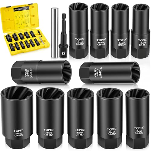 Topec 13PCS Deep Lug Nut Remover, 13-27mm Wheel Lock Removal Tool, 1/2" Drive Bolt Extractor Socket Set, Heavy Duty Lug Nut Removal Tool for Stripped, Rounded, Broken Bolts - size: 13 PCS