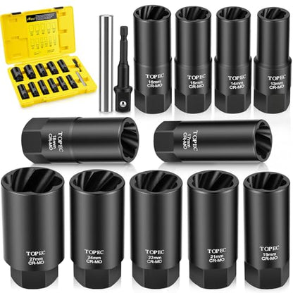 Topec 13PCS Deep Lug Nut Remover, 13-27mm Wheel Lock Removal Tool, 1/2" Drive Bolt Extractor Socket Set, Heavy Duty Lug Nut Removal Tool for Stripped, Rounded, Broken Bolts - size: 13 PCS