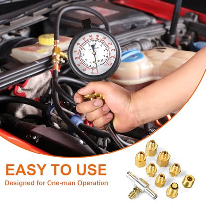 Pro Fuel Injection Pressure Tester Kit Gauge 0-140 PSI with 9.49,7.89,6.30 Fuel Line Fittings - size: Master