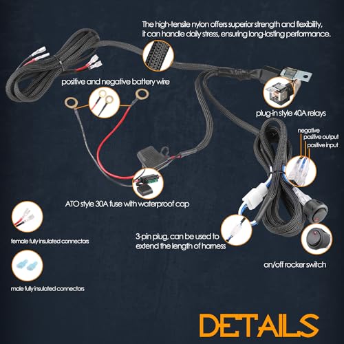 Wiring Harness 1 Lead, NIRIDER 12V 40A Rocker Switch Relay Fuse Nylon Wiring Harness Kit for LED Light Bars Fog Lights Work Lights Driving Lights Offroad LED Pods Wire Kit for Truck UTV ATV Boat - size: 1lead