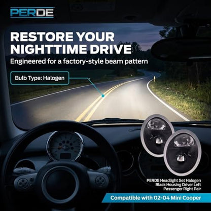 PERDE Compatible with Mini Cooper Black Headlight Set Halogen Left Driver Right Passenger Pair