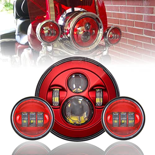 SKTYANTS 7" 7 Inch LED Red Motorcycle Headlight Red 4.5 Inch Round Passing Fog Lights Compatible with Tourng Street Electra Glide Road king Classic - color: 7+4.5inchs