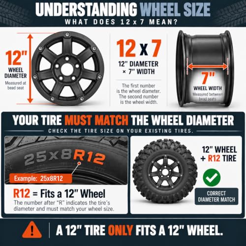 RockTrix RT111 12x7 ATV UTV Wheel 4x156 4+3 Offset, Matte Black, 1pc Single - size: 12x7 (4+3) 1pc