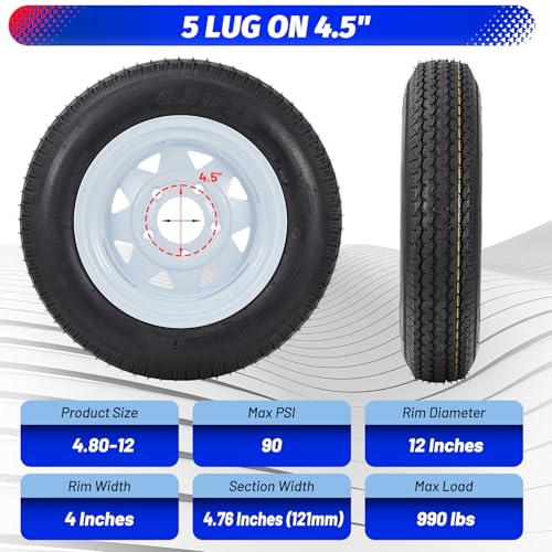Garvee 2 Pack 4.80-12 4.80x12 480-12 Trailer Tires with 12 inch Rims - size: 4.80-12, style: 5 lug on 4.5"