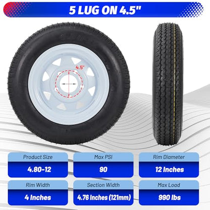 Garvee 2 Pack 4.80-12 4.80x12 480-12 Trailer Tires with 12 inch Rims - size: 4.80-12, style: 5 lug on 4.5"