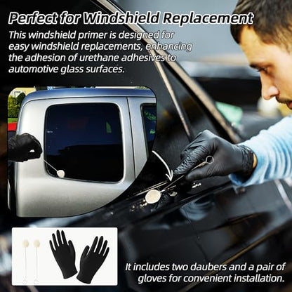 Calvana 1 fl.oz Windshield Primer, Urethane Primer for Automotive, Promotes Adhesion of Polyurethane Sealants, UV Resistant, Fast Drying, with 1 Pair Gloves, 2 Applicator Sticks, Black