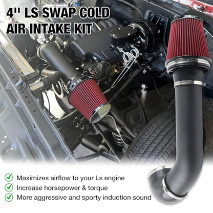 4'' LS Swap Cold Air Intake Kit Compatible with LS1 LS2 LSX LQ4 LQ9 Restomod Camaro Chevelle GTO Monte Carlo Caprice